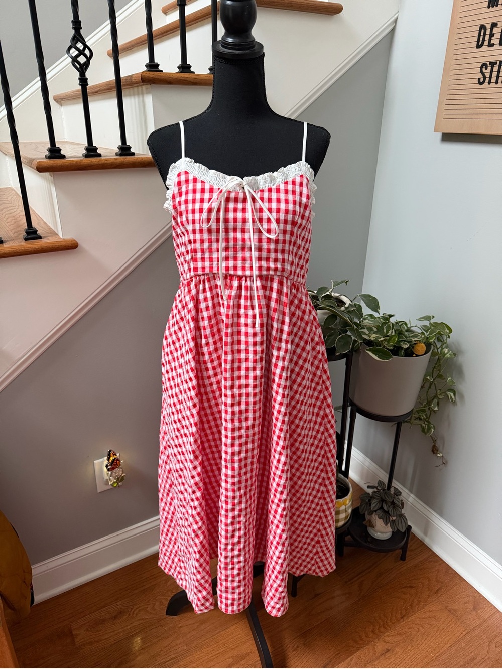 Red & White Gingham Americana Cottagecore Dress with Ruffle Trim